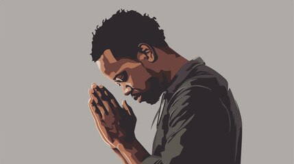 Handsome praying African-American man on grey background