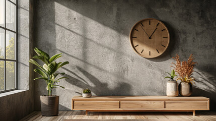 Minimalist taupe wall with a modern wood and steel clock hanging on it,
