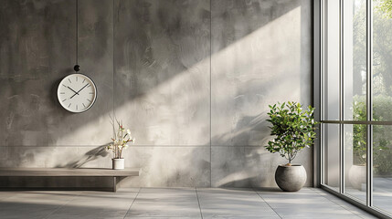 Minimalist warm gray wall with a modern steel clock hanging on it,