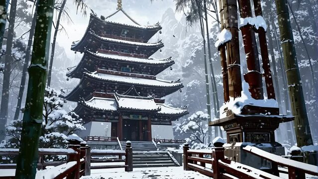 Capture the essence of Japanese winter charm with this enchanting 4k looping video, highlighting traditional houses and temples in a serene snowy setting