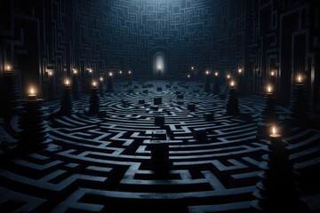 Labyrinthine Countdown Maze: A labyrinth with shifting walls and illusions, revealing the countdown to a hidden treasure.