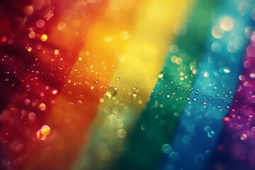 A photo featuring a rainbow gradient with sparkling bokeh effects created by light-reflecting water droplets, pride month