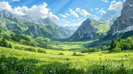 Nature and Landscapes Valleys: An illustration of a picturesque valley