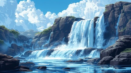 Nature and Landscapes Waterfalls: An illustration of a cascading waterfall, with pristine waters flowing over rocks