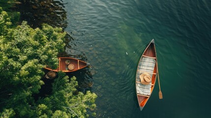 An aerial view of two boats peacefully floating on the serene lake surrounded by natural landscape...
