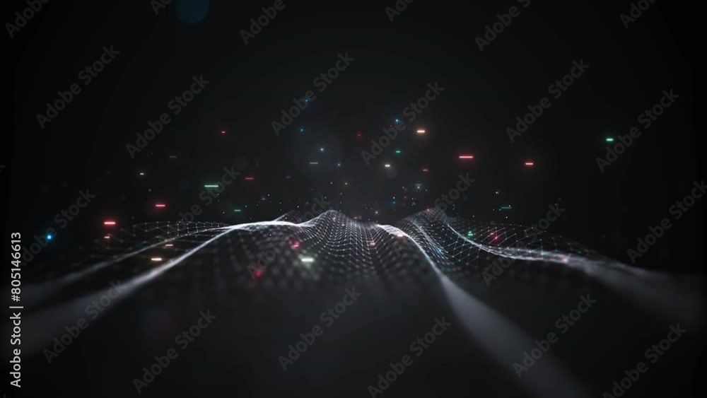 Leinwandbilder Digital technology concept data wave flow polygons connecting dots lines on a dark black background. Internet of things