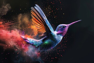 Vibrant hummingbird pollinates amid colorful powder at event - obrazy, fototapety, plakaty