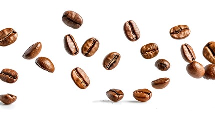Scattered roasted coffee beans floating in the air on a white background. Ideal for coffee shop design. Freshness concept captured. AI