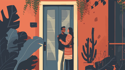 Happy couple standing in doorway at their new home Vector