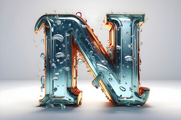 The letter N 3D, made of beautiful and sparkling glass, water drops run down on it, fire style above the letter, a smooth white background.