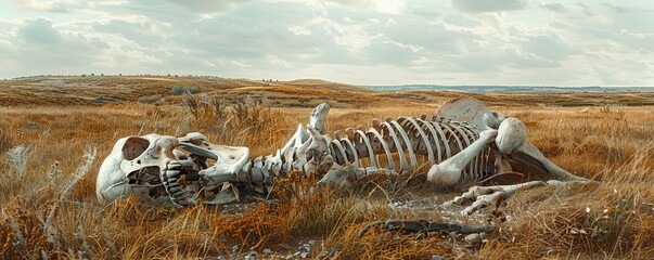 A stark image of various animal bones scattered across a fading grassland, indicating ecosystem...
