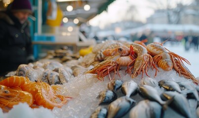 Fresh Seafood Display on Ice at Market