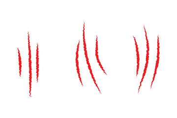Animal claw scratches and marks. Set. Black and red bloody silhouettes and outline. Icon, flat. Vector isolated on white background. Scratches from a cat, tiger, lion, dog, jaguar, bear, puma, leopard