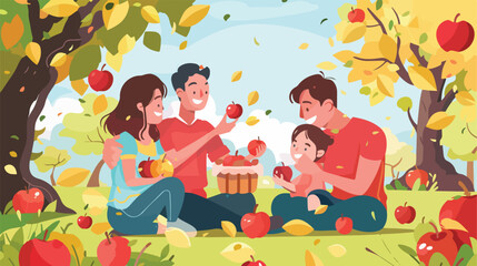 Happy family eating apples in park Vector style Vector