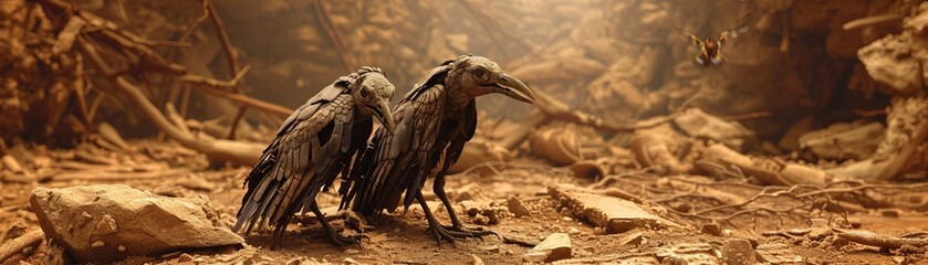 A haunting scene of bird skeletons in a barren, dry landscape, symbolizing biodiversity loss