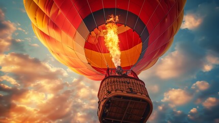 Hot Air Balloon Ride with close view in a basket. Panoramic landscape of Ballooning with place for tourists on a template for wide banner of travel agency or adventure tour.