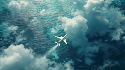 A passenger airplane is flying through white clouds over the ocean. The concept of travels.