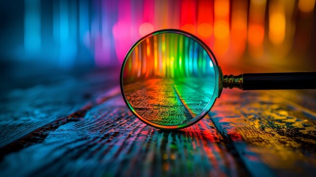 Print house employee inspecting printing process quality and color accuracy with a magnifying glass