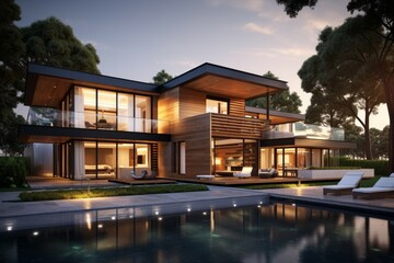 Fototapeta premium Luxurious Modern sunny house. With green grass. Generate Ai