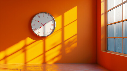 A bold, bright orange wall with a funky, retro-style clock in chrome.