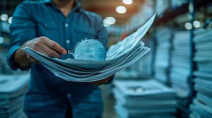 Print house worker inspecting printing process quality and colors with magnifying glass