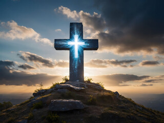 Symbolic cross on Golgotha Hill, enveloped in celestial light and clouds, evoking Jesus Christ's resurrection and the apocalypse.