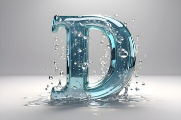 The letter D 3D, made of beautiful and sparkling glass, water drops run down on it, a smooth white...