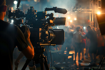 Fototapeta premium Behind-the-scenes view of a film crew working on a set under intense lighting conditions.