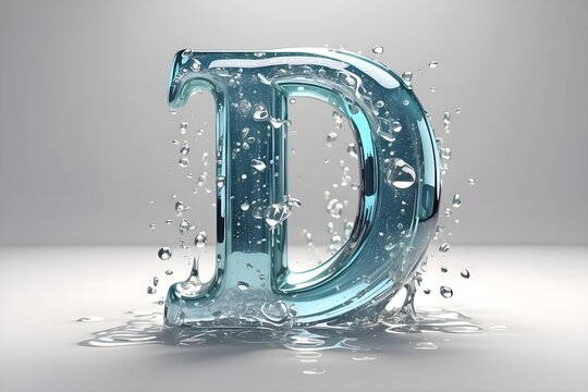The letter D 3D, made of beautiful and sparkling glass, water drops run down on it, a smooth white background.