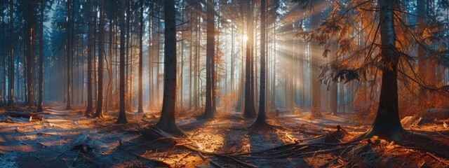 Sunlight filters through forest trees, painting a natural landscape