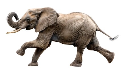 Obraz premium Majestic African Elephant in Stride, Isolated on White Backdrop. Lifelike Detailing in Full Profile View. Perfect for Educational and Marketing Uses. AI