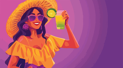Happy Mexican woman with tequila on purple background