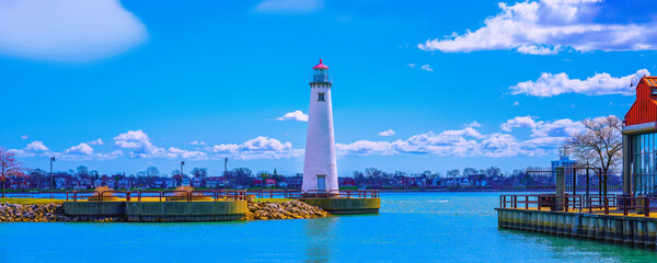 Milliken State Park Lighthouse, the iconic light tower at the harbor marina along the Detroit River...