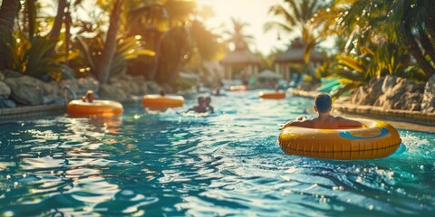 A group of people are floating on inflatable tubes in a pool