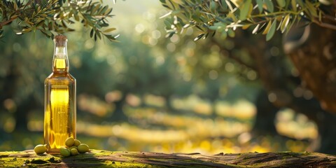 A bottle of olive oil is sitting on a log in a field