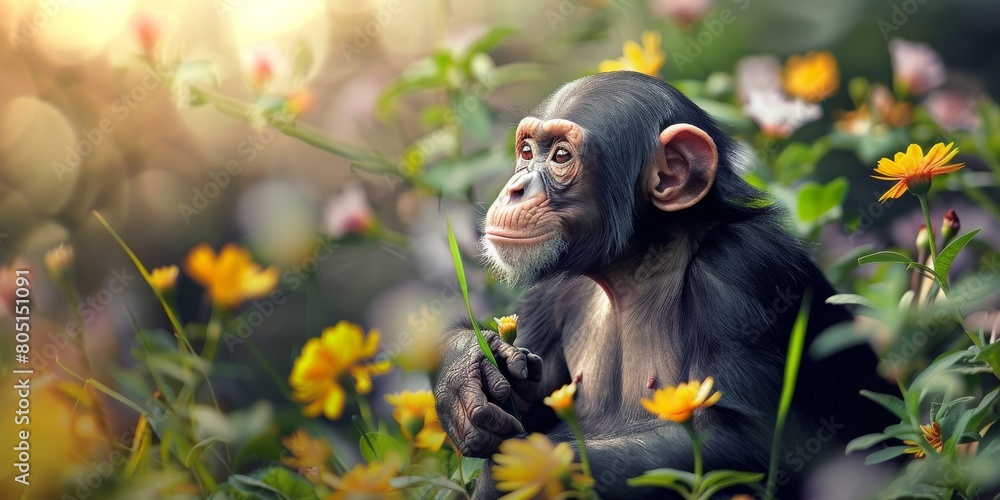 Wall mural A baby monkey is sitting in a field of yellow flowers