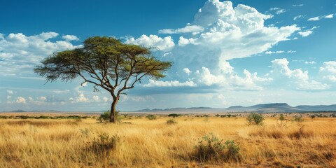 A tree stands in a field of dry grass
