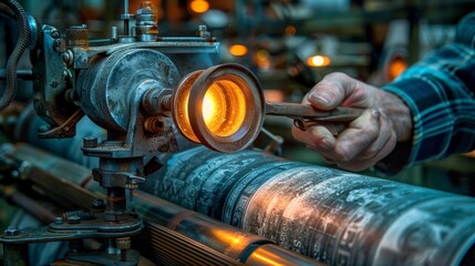 Print house worker inspecting printing process quality and color with magnifying glass