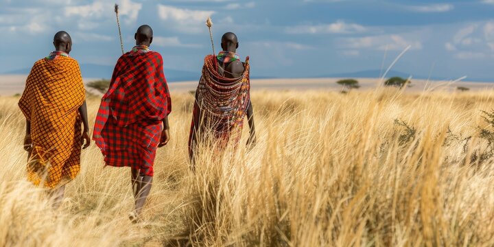 Three men walking in a field wearing traditional African clothing