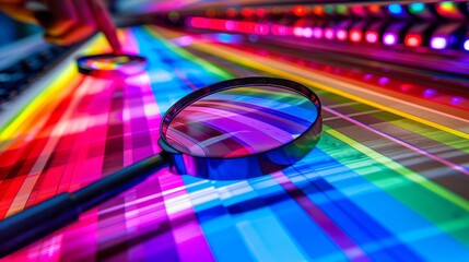 Print house worker using magnifying glass to meticulously inspect printing quality and colors