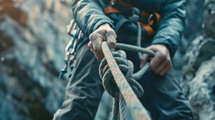 mid section view of a male rock climber tying a knot in a rope - obrazy, fototapety, plakaty