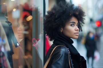Black Shopping. Young Black Woman with Afro Hairstyle Looking at Shop Window