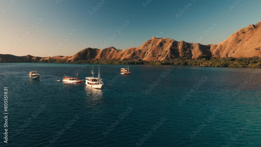 Poster Aerial view of the boats anchored near the Komodo island in Komodo National Park in Indonesia