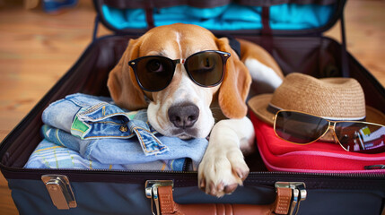 A cool beagle dog in sunglasses lying on an open suitcase with clothing and stuff, ready for vacation, pet-friendly hotel