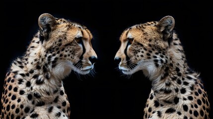 Naklejka premium Cheetah couple look at each other. Portrait of a pair of cheetahs on black background.