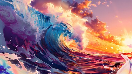 Colorful Ocean Wave. Sea water in crest shape. Sunset light and  on background
