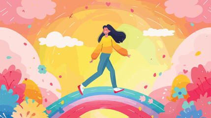 Happy woman walks on the rainbow. Smiled girl creates