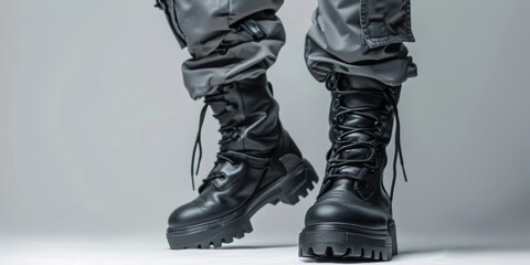 A person is wearing black boots and grey pants