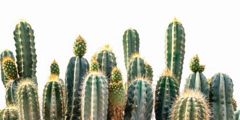 A row of cacti with spines and yellow flowers - Powered by Adobe