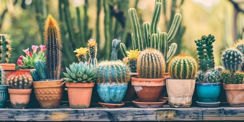 A row of potted cacti and succulents are arranged on a wooden shelf